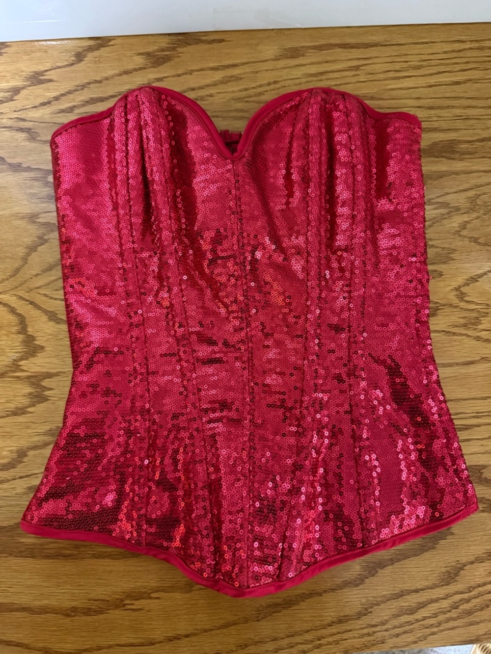 Frederick's of Hollywood Red Sequin Corset Top with Contrast Boning Size Small